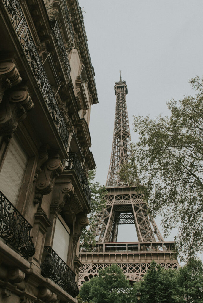 View of the Eiffel Tower from Rue de l'Universit&eacute; street in Paris