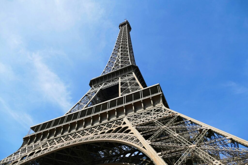 View from the ground of the 3 levels of the Eiffel Tower in Paris