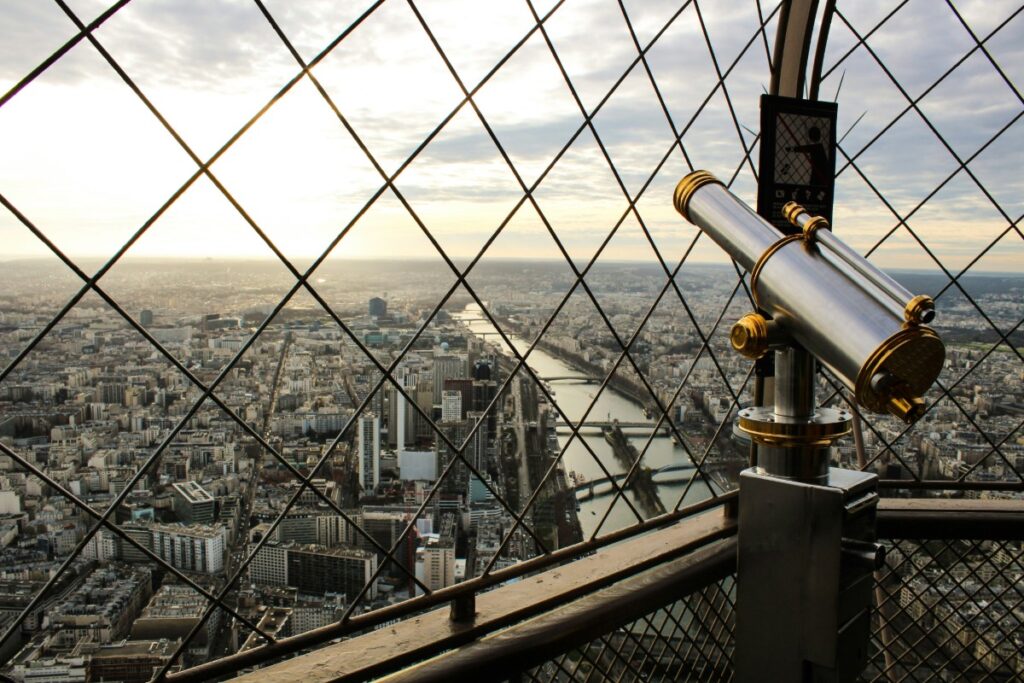 View of Paris from the observation deck on the top floor of the Eiffel Tower