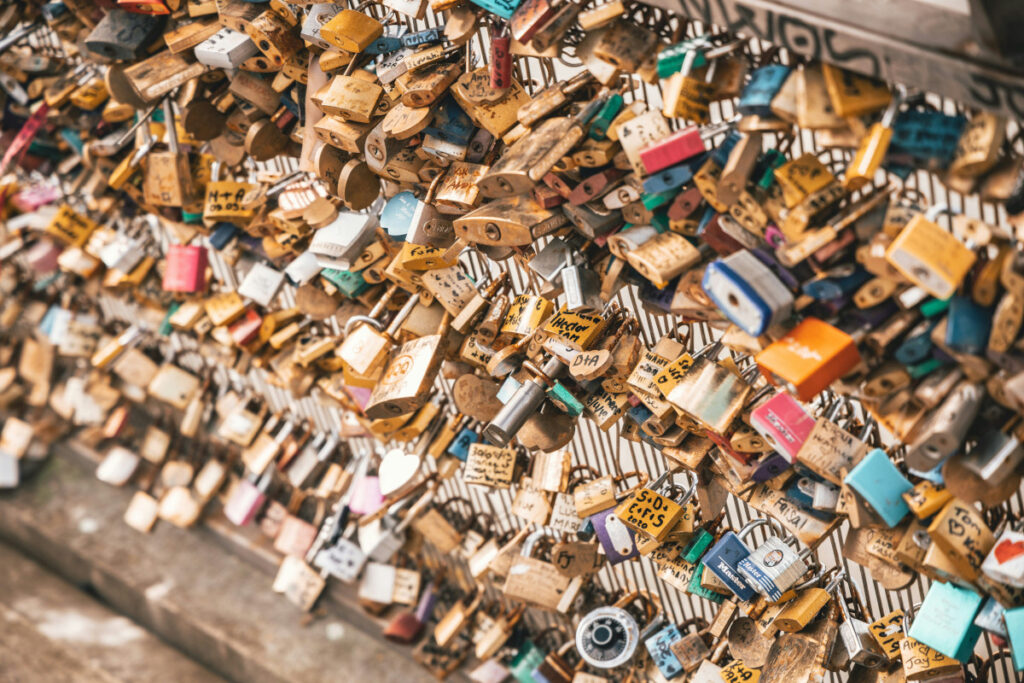 Hundreds of locks attached to Pont des Arts bridge in Paris