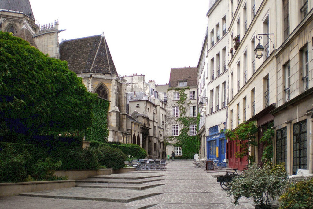 Historic Rue des Barres street with cobblestones and medieval buildings in Paris