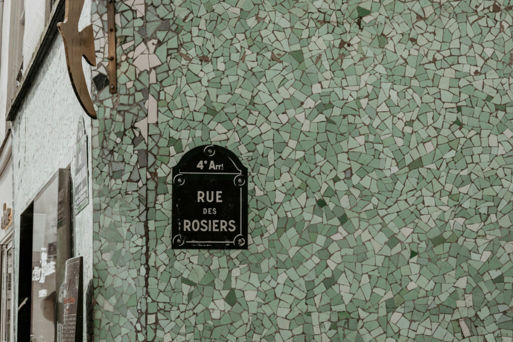 Charming Rue des Rosiers street in Le Marais, Paris