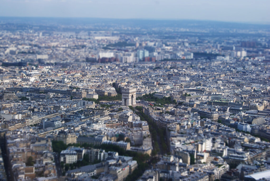 View of the Arc de Triomphe from the second floor of the Eiffel Tower in Paris